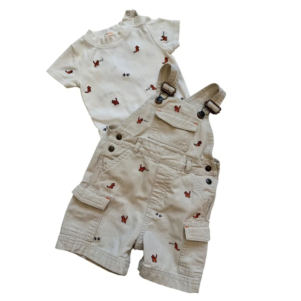 VTG Gymboree Baby Boy 2pc Set Khaki Tiger Embroidered Cargo Overalls Shirt 6-12M